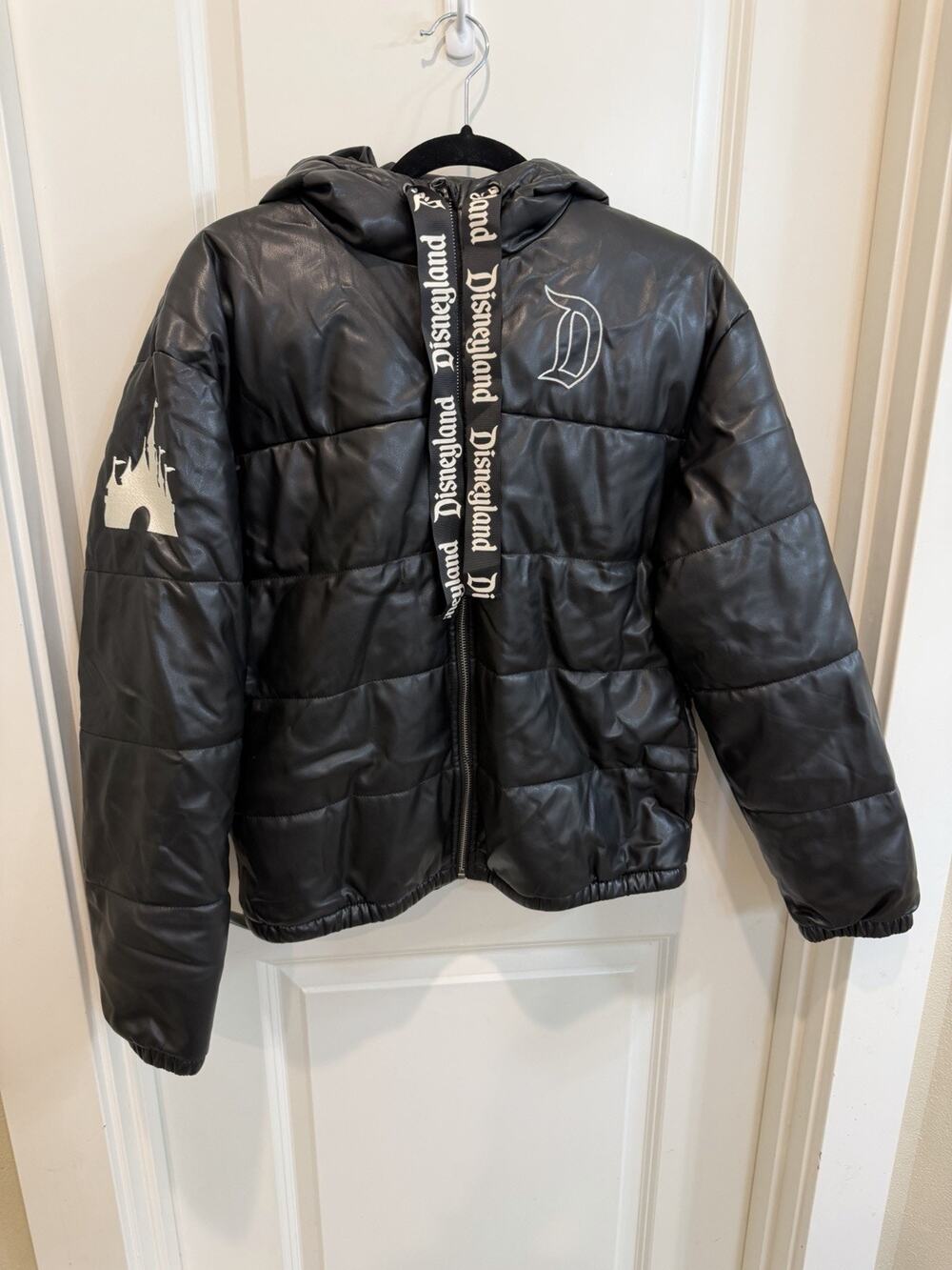 Disney Parks Disneyland Black Faux Leather Puffer Jacket Embroidered Size small
